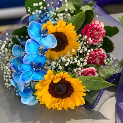 RAFFINATEZZA-Bouquet di Girasoli, Orchidee e Roselline