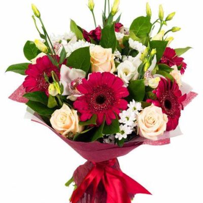 TEMPESTA- Mazzo con rose, lisianthus, gerbere e steli di margherite